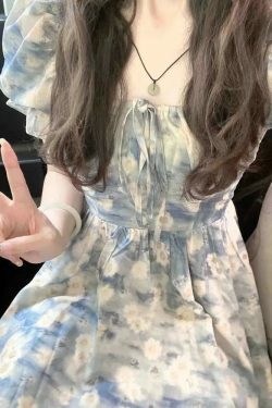 Y2K Summer Floral Dress - French Square Collar, Bubble Sleeve, Holiday Style A-Line Skirt