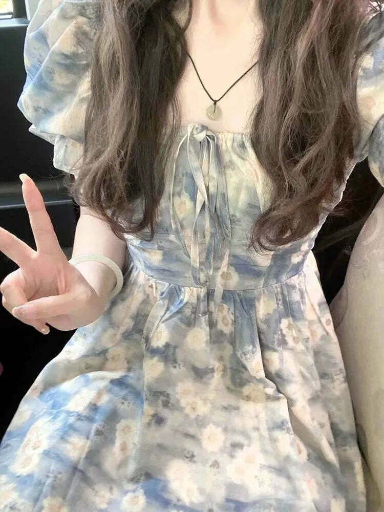 Y2K Summer Floral Dress - French Square Collar, Bubble Sleeve, Holiday Style A-Line Skirt