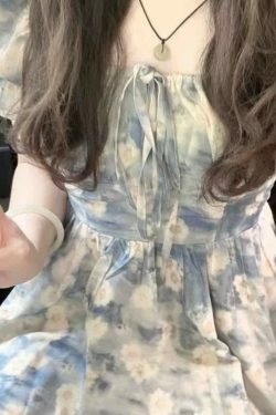 Y2K Summer Floral Dress - French Square Collar, Bubble Sleeve, Holiday Style A-Line Skirt