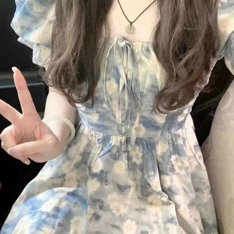 Y2K Summer Floral Dress - French Square Collar, Bubble Sleeve, Holiday Style A-Line Skirt