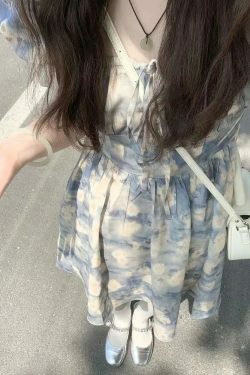 Y2K Summer Floral Dress - French Square Collar, Bubble Sleeve, Holiday Style A-Line Skirt