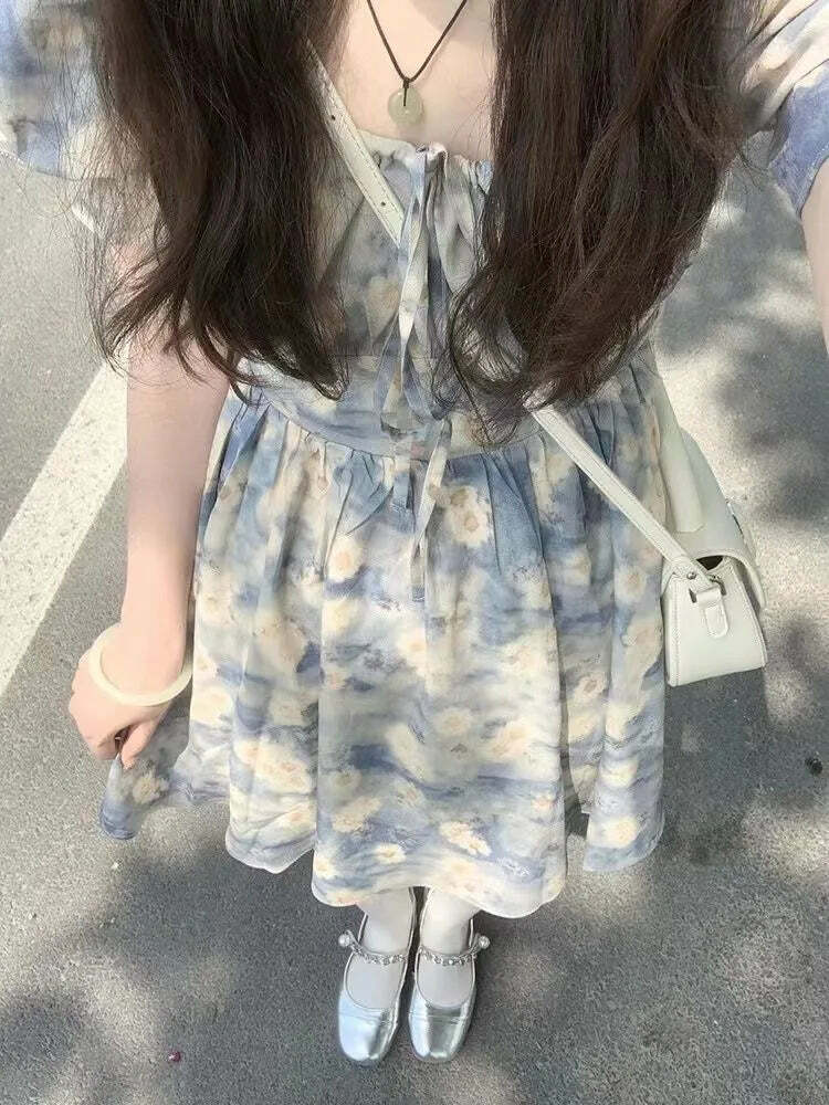 Y2K Summer Floral Dress - French Square Collar, Bubble Sleeve, Holiday Style A-Line Skirt