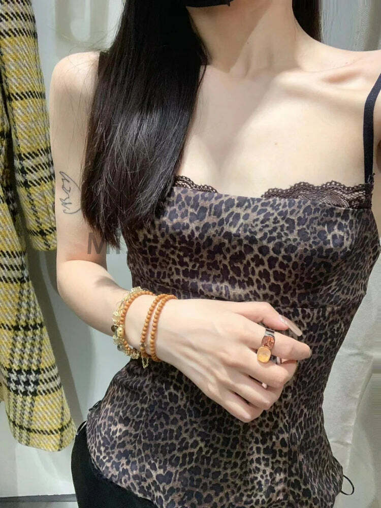 Y2K Summer Gothic Grunge Leopard Lace Camisole - Sexy Slim Sleeveless Top For Women