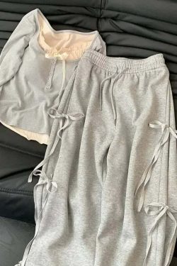 Y2K Summer Grunge High Waist Wide Leg Pants Two Piece Set - Retro 90S Fashion Grey Outfit