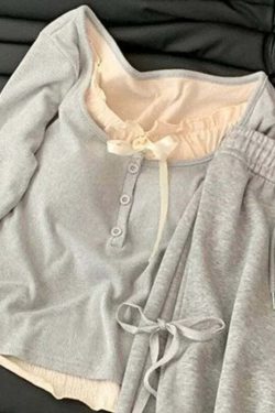 Y2K Summer Grunge High Waist Wide Leg Pants Two Piece Set - Retro 90S Fashion Grey Outfit