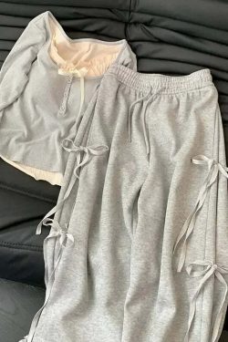 Y2K Summer Grunge High Waist Wide Leg Pants Two Piece Set - Retro 90S Fashion Grey Outfit