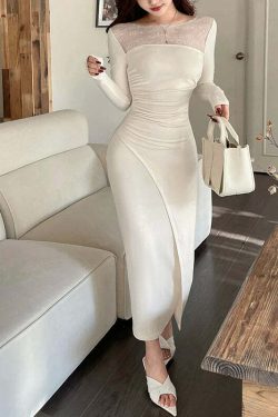 Y2K Summer Grunge Lace Dress - Square Neck, Pleated Waist, Long Sleeve Retro 90S Fashion