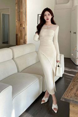 Y2K Summer Grunge Lace Dress - Square Neck, Pleated Waist, Long Sleeve Retro 90S Fashion