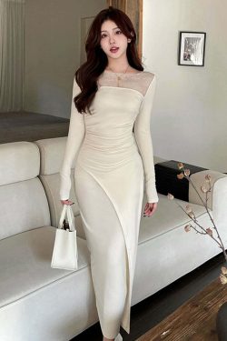 Y2K Summer Grunge Lace Dress - Square Neck, Pleated Waist, Long Sleeve Retro 90S Fashion