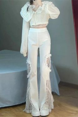Y2K Summer High Waist Flare Pants - Sexy Lace Cut Out, Retro 90S Grunge, Wide Leg, Elastic Waist