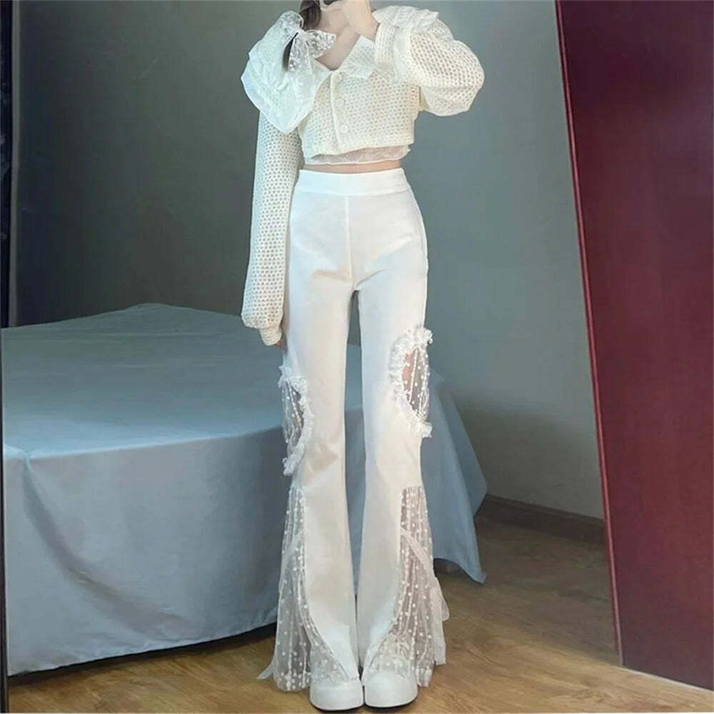 Y2K Summer High Waist Flare Pants - Sexy Lace Cut Out, Retro 90S Grunge, Wide Leg, Elastic Waist Y2K Summer High Waist Flare Pants - Sexy Lace Cut Out, Retro 90S Grunge, Wide Leg, Elastic Waist