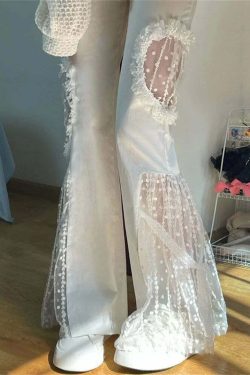 Y2K Summer High Waist Flare Pants - Sexy Lace Cut Out, Retro 90S Grunge, Wide Leg, Elastic Waist