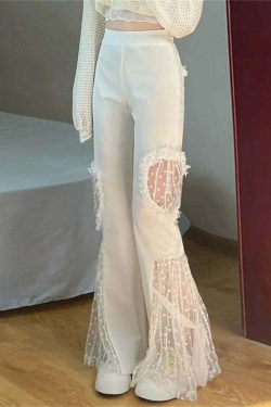 Y2K Summer High Waist Flare Pants - Sexy Lace Cut Out, Retro 90S Grunge, Wide Leg, Elastic Waist