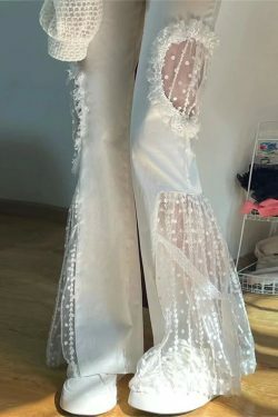Y2K Summer High Waist Flare Pants - Sexy Lace Cut Out, Retro 90S Grunge, Wide Leg, Elastic Waist