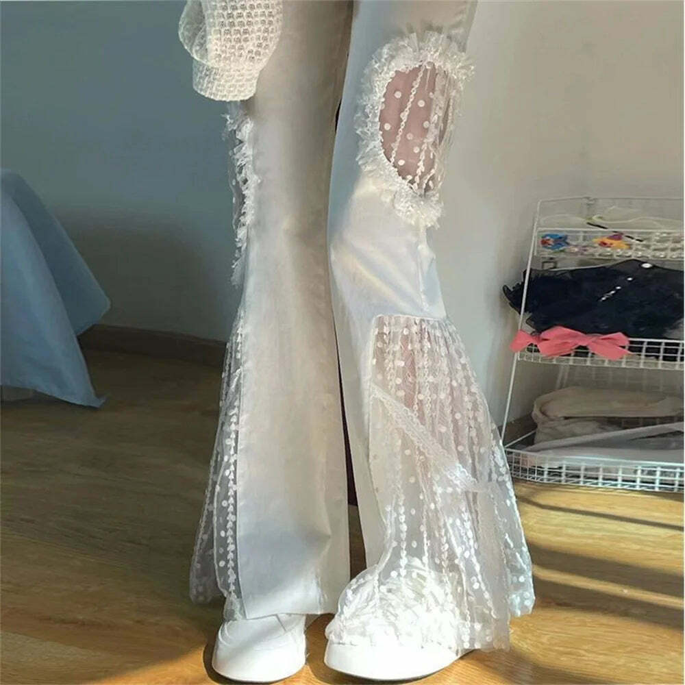 Y2K Summer High Waist Flare Pants - Sexy Lace Cut Out, Retro 90S Grunge, Wide Leg, Elastic Waist Y2K Summer High Waist Flare Pants - Sexy Lace Cut Out, Retro 90S Grunge, Wide Leg, Elastic Waist