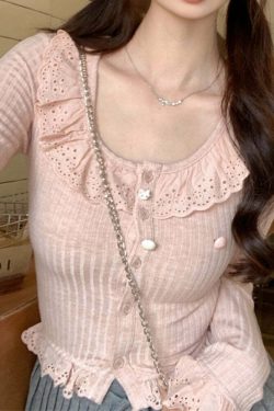 Y2K Summer Kawaii Lolita Lace Knit Blouse - Elegant Korean Long Sleeve Top, Retro 90S Fashion