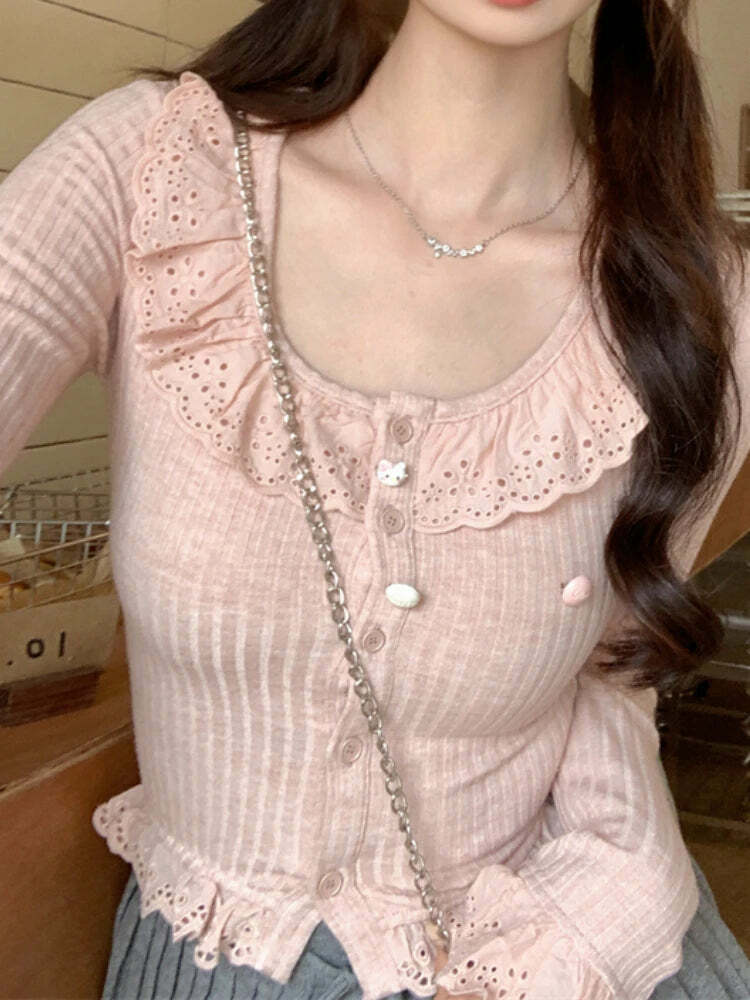 Y2K Summer Kawaii Lolita Lace Knit Blouse - Elegant Korean Long Sleeve Top, Retro 90S Fashion Y2K Summer Kawaii Lolita Lace Knit Blouse - Elegant Korean Long Sleeve Top, Retro 90S Fashion