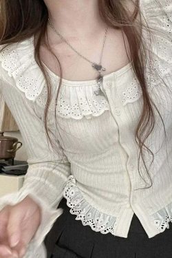 Y2K Summer Kawaii Lolita Lace Knit Blouse - Elegant Korean Long Sleeve Top, Retro 90S Fashion