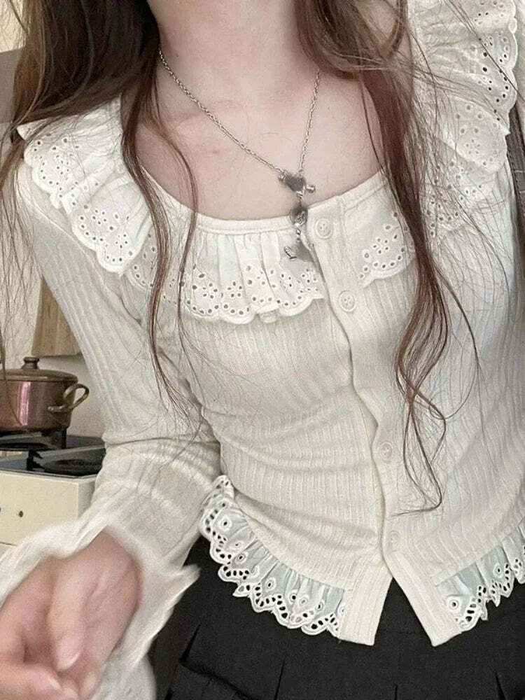 Y2K Summer Kawaii Lolita Lace Knit Blouse - Elegant Korean Long Sleeve Top, Retro 90S Fashion Y2K Summer Kawaii Lolita Lace Knit Blouse - Elegant Korean Long Sleeve Top, Retro 90S Fashion