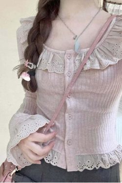 Y2K Summer Kawaii Lolita Lace Knit Blouse - Elegant Korean Long Sleeve Top, Retro 90S Fashion