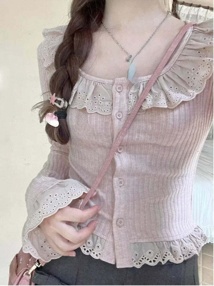Y2K Summer Kawaii Lolita Lace Knit Blouse - Elegant Korean Long Sleeve Top, Retro 90S Fashion Y2K Summer Kawaii Lolita Lace Knit Blouse - Elegant Korean Long Sleeve Top, Retro 90S Fashion