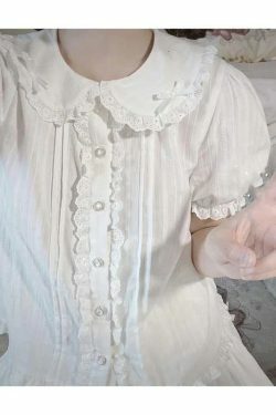 Y2K Summer Kawaii Peter Pan Collar Lace Blouse - Retro 90S Lolita Mesh Top, Sweet Grunge Fashion