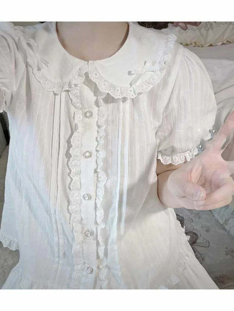 Y2K Summer Kawaii Peter Pan Collar Lace Blouse - Retro 90S Lolita Mesh Top, Sweet Grunge Fashion