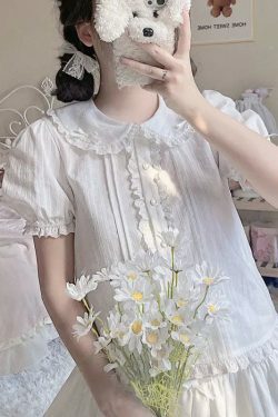 Y2K Summer Kawaii Peter Pan Collar Lace Blouse - Retro 90S Lolita Mesh Top, Sweet Grunge Fashion