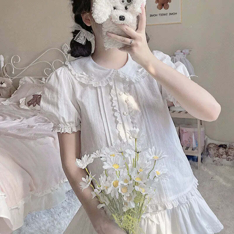 Y2K Summer Kawaii Peter Pan Collar Lace Blouse - Retro 90S Lolita Mesh Top, Sweet Grunge Fashion