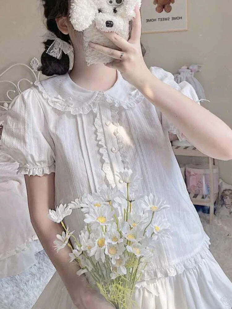 Y2K Summer Kawaii Peter Pan Collar Lace Blouse - Retro 90S Lolita Mesh Top, Sweet Grunge Fashion