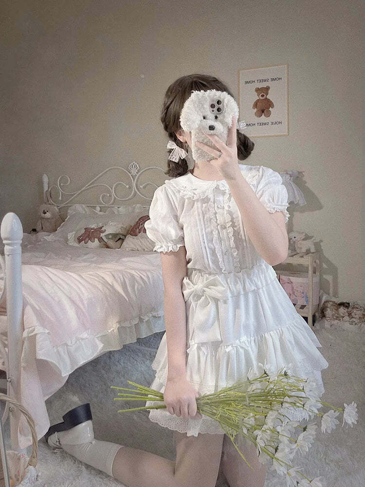 Y2K Summer Kawaii Peter Pan Collar Lace Blouse - Retro 90S Lolita Mesh Top, Sweet Grunge Fashion