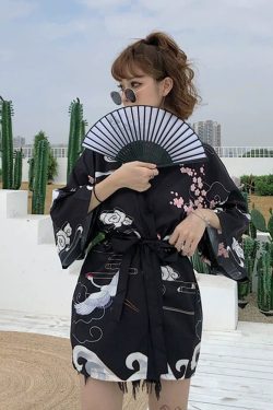 Y2K Summer Kimono - Retro 90S Grunge, Pastel Goth, Y2K Party & Club Outfits, Japanese Crane Design