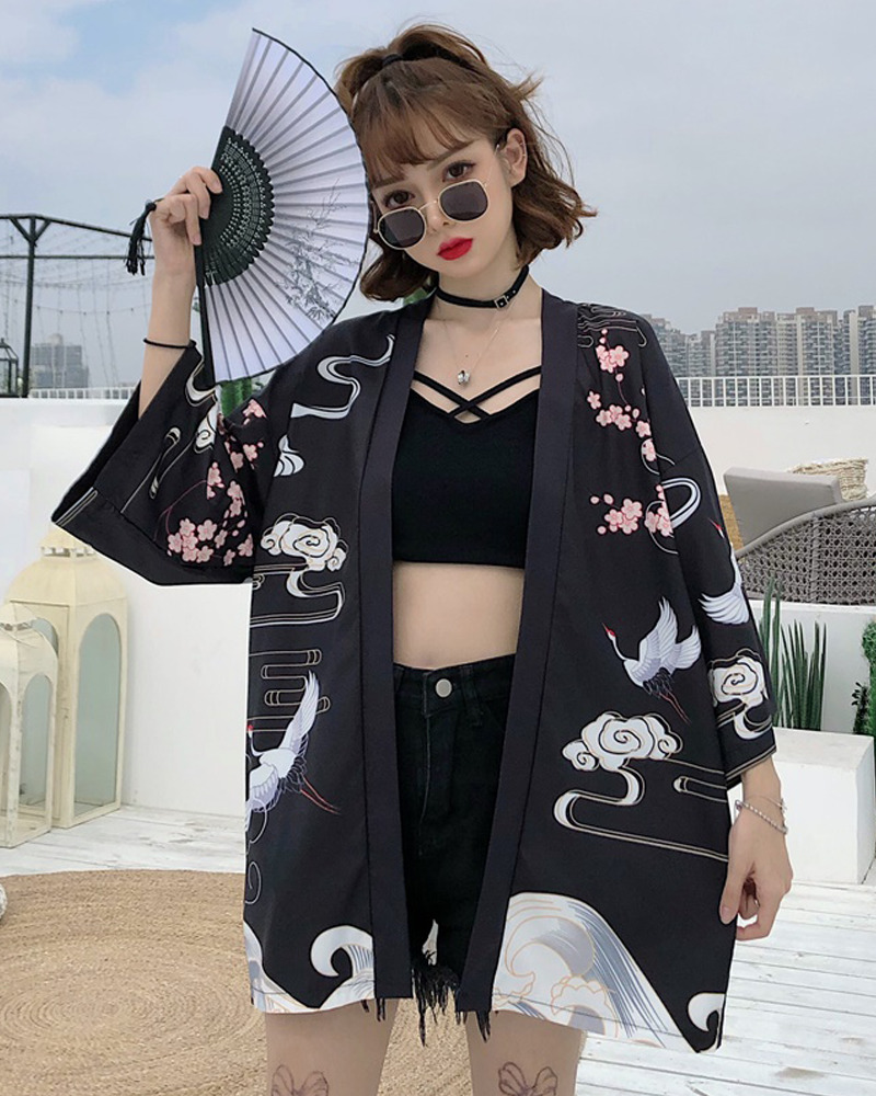 Y2K Summer Kimono - Retro 90S Grunge, Pastel Goth, Y2K Party & Club Outfits, Japanese Crane Design