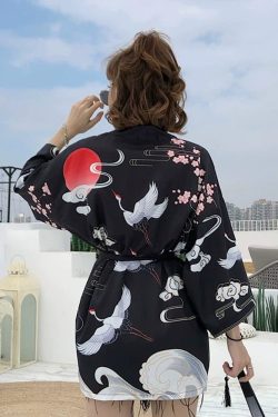 Y2K Summer Kimono - Retro 90S Grunge, Pastel Goth, Y2K Party & Club Outfits, Japanese Crane Design