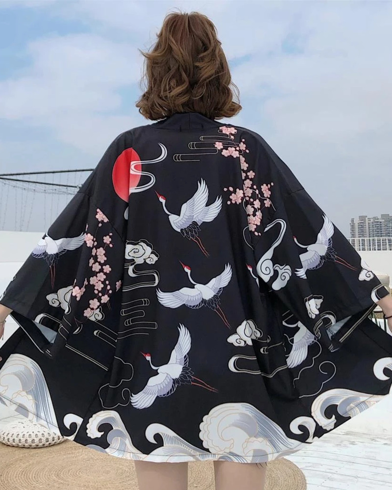 Y2K Summer Kimono - Retro 90S Grunge, Pastel Goth, Y2K Party & Club Outfits, Japanese Crane Design