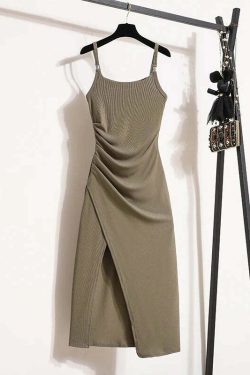Y2K Summer Knit Dress - Sleeveless Camisole, Sexy Long Split, Grunge & 90S Fashion Sundress