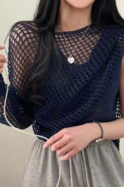 Y2K Summer Knit Hollow Out Long Sleeve Top - Casual Grunge Streetwear Beach Pullover Tee