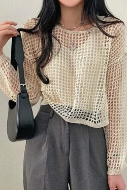 Y2K Summer Knit Hollow Out Long Sleeve Top - Casual Grunge Streetwear Beach Pullover Tee