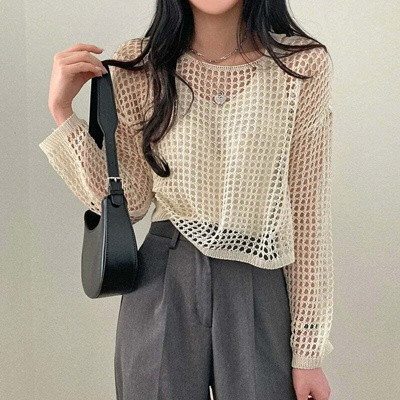 Y2K Summer Knit Hollow Out Long Sleeve Top - Casual Grunge Streetwear Beach Pullover Tee