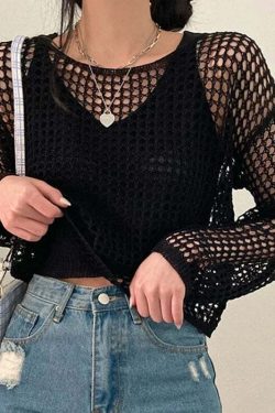 Y2K Summer Knit Hollow Out Long Sleeve Top - Casual Grunge Streetwear Beach Pullover Tee