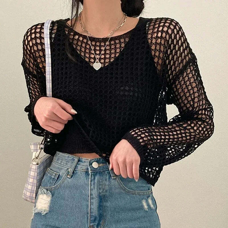 Y2K Summer Knit Hollow Out Long Sleeve Top - Casual Grunge Streetwear Beach Pullover Tee