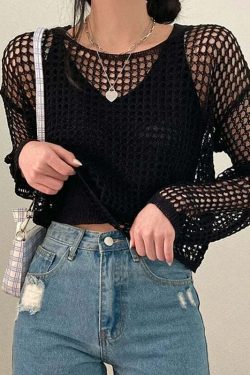 Y2K Summer Knit Hollow Out Long Sleeve Top - Casual Grunge Streetwear Beach Pullover Tee