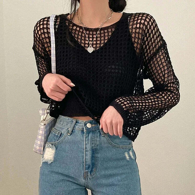 Y2K Summer Knit Hollow Out Long Sleeve Top - Casual Grunge Streetwear Beach Pullover Tee