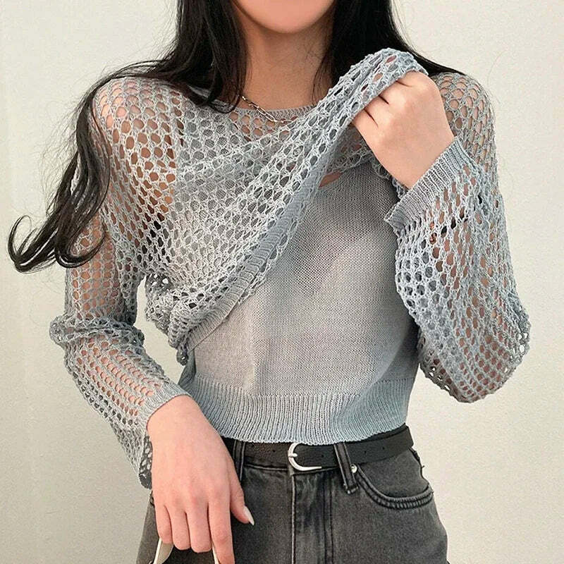 Y2K Summer Knit Hollow Out Long Sleeve Top - Casual Grunge Streetwear Beach Pullover Tee