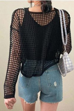 Y2K Summer Knit Hollow Out Long Sleeve Top - Casual Grunge Streetwear Beach Pullover Tee