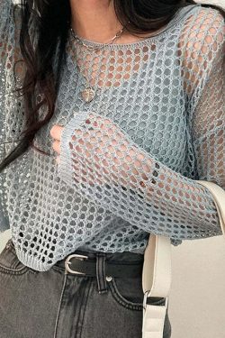 Y2K Summer Knit Hollow Out Long Sleeve Top - Casual Grunge Streetwear Beach Pullover Tee