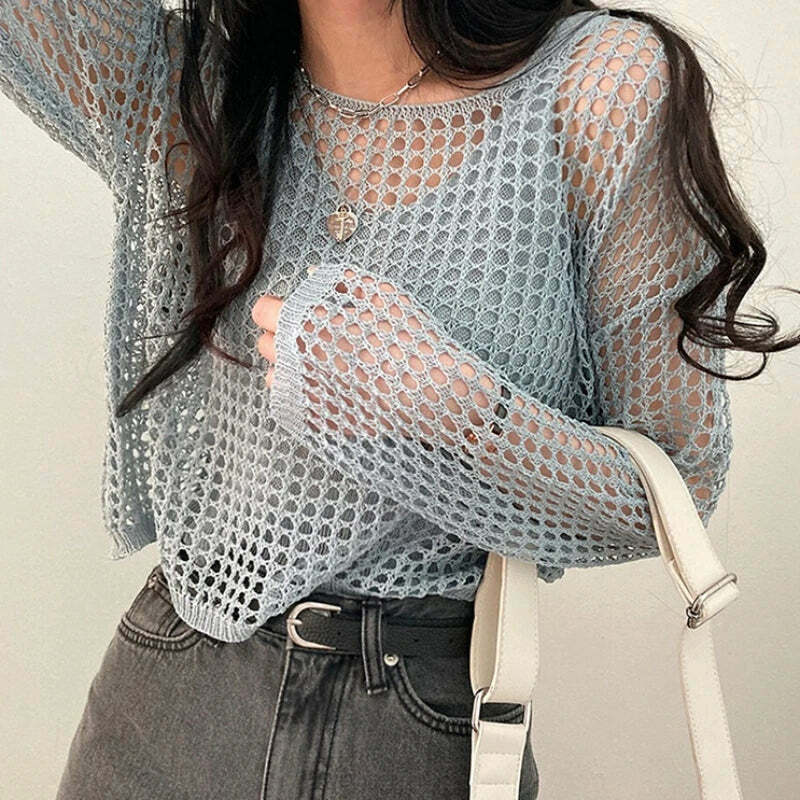 Y2K Summer Knit Hollow Out Long Sleeve Top - Casual Grunge Streetwear Beach Pullover Tee