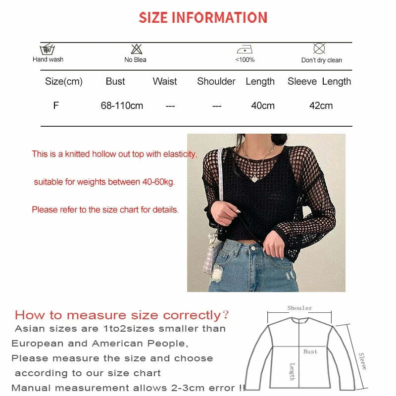 Y2K Summer Knit Hollow Out Long Sleeve Top - Casual Grunge Streetwear Beach Pullover Tee