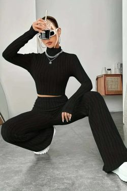 Y2K Summer Knitted 2 Piece Set: Vintage Crop Top & Flare Pants, Retro 90S Grunge Outfit