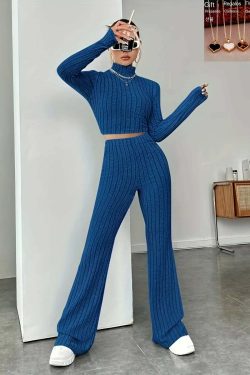 Y2K Summer Knitted 2 Piece Set: Vintage Crop Top & Flare Pants, Retro 90S Grunge Outfit